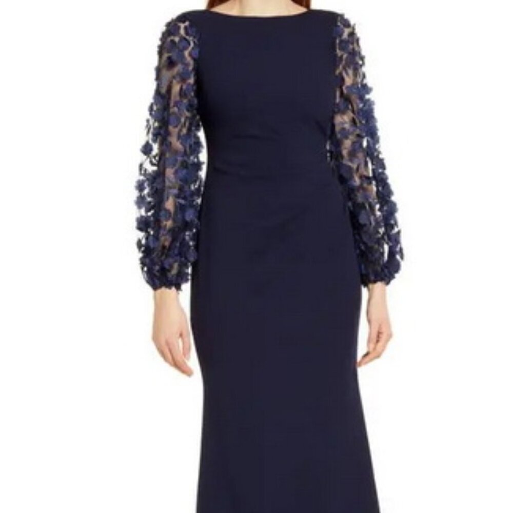 Eliza J Navy Blue Floral Applique Long Sleeve Trumpet Gown